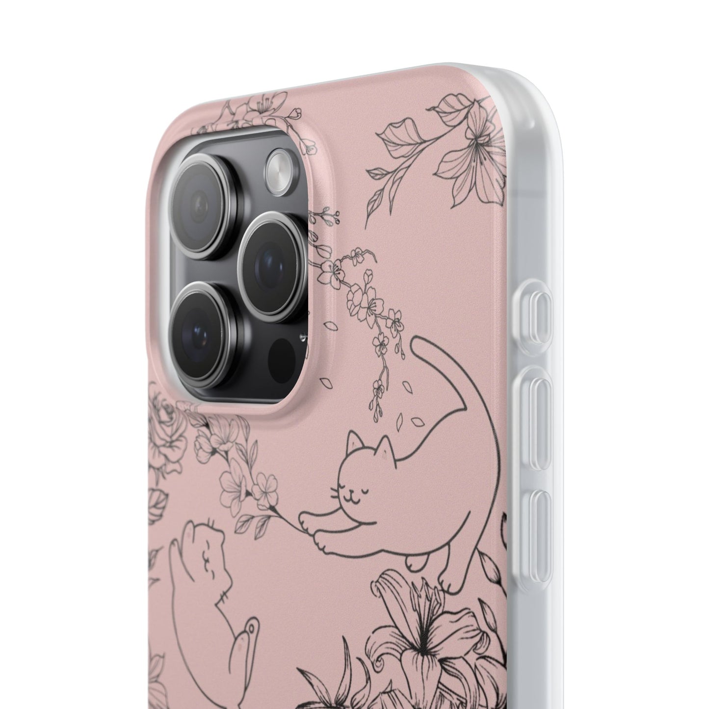 Cute Cat Floral Flexi Cases, Phone Covers for Cat Lovers, Pet Gifts, Trendy Tech Accessories, Pink Cat Design