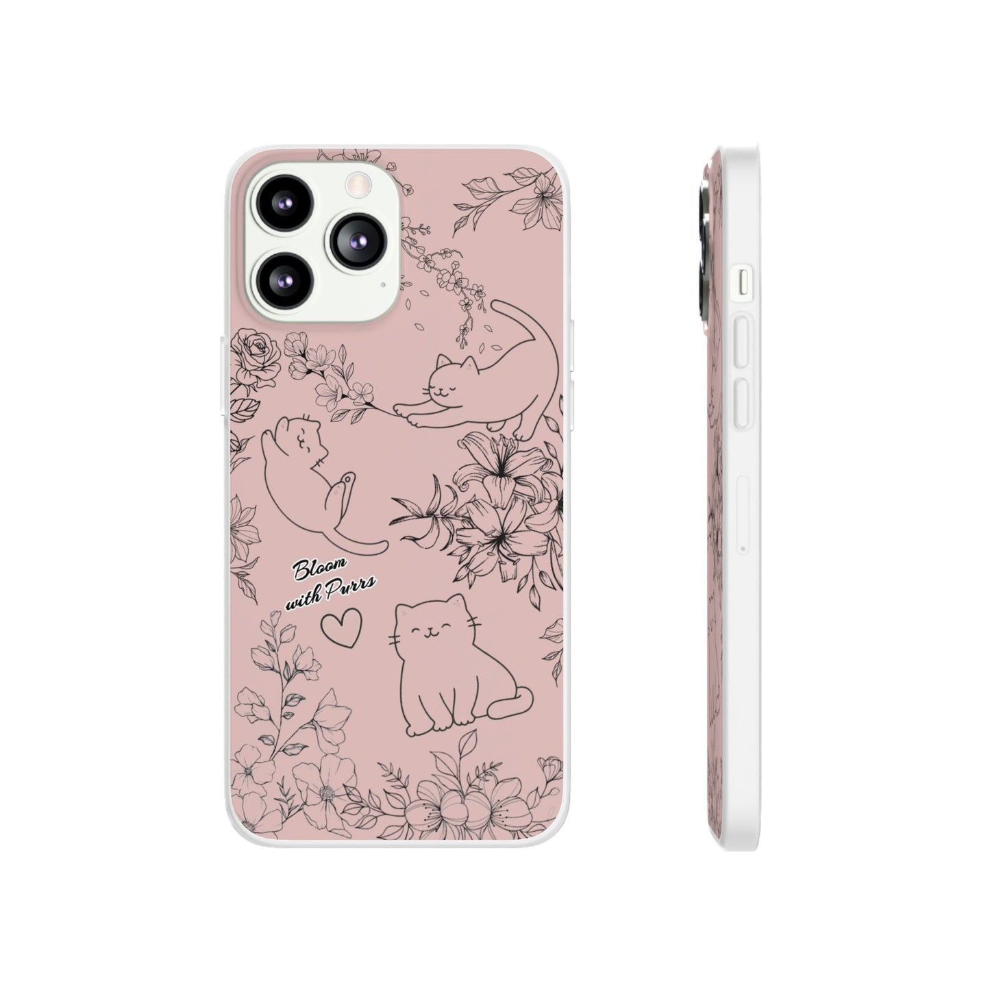 Cute Cat Floral Flexi Cases, Phone Covers for Cat Lovers, Pet Gifts, Trendy Tech Accessories, Pink Cat Design