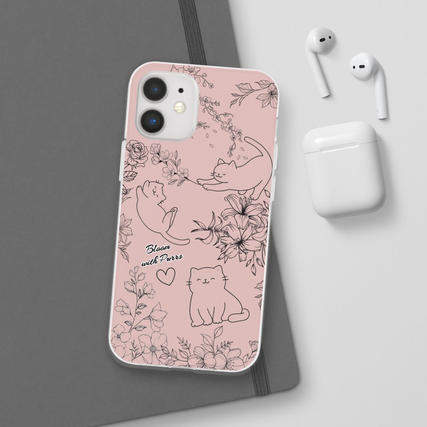 Cute Cat Floral Flexi Cases, Phone Covers for Cat Lovers, Pet Gifts, Trendy Tech Accessories, Pink Cat Design