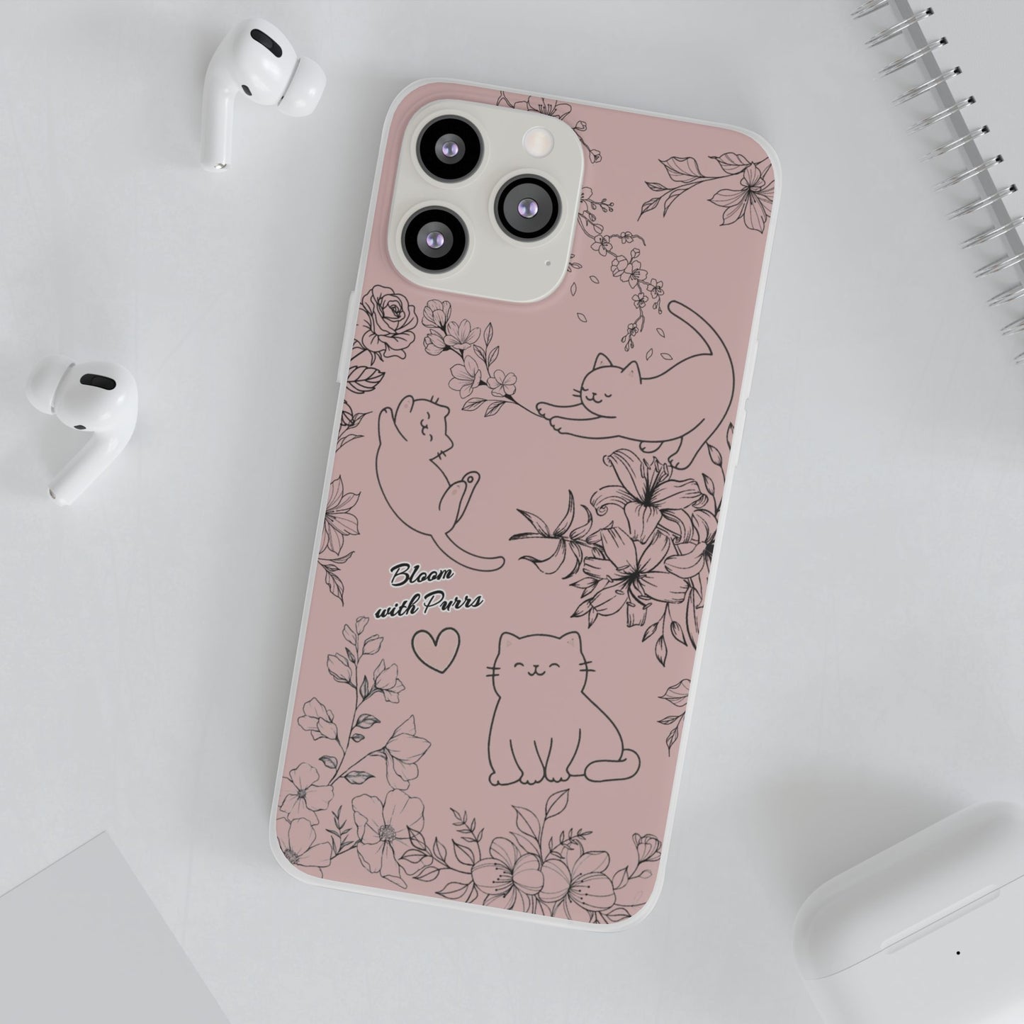 Cute Cat Floral Flexi Cases, Phone Covers for Cat Lovers, Pet Gifts, Trendy Tech Accessories, Pink Cat Design