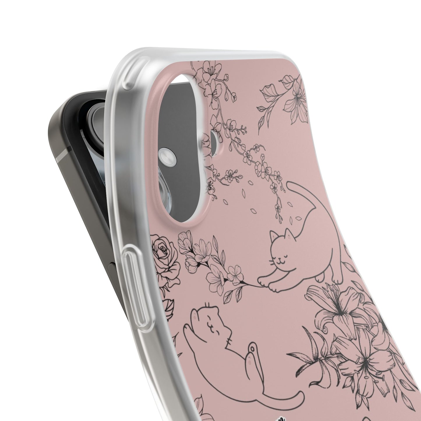 Cute Cat Floral Flexi Cases, Phone Covers for Cat Lovers, Pet Gifts, Trendy Tech Accessories, Pink Cat Design