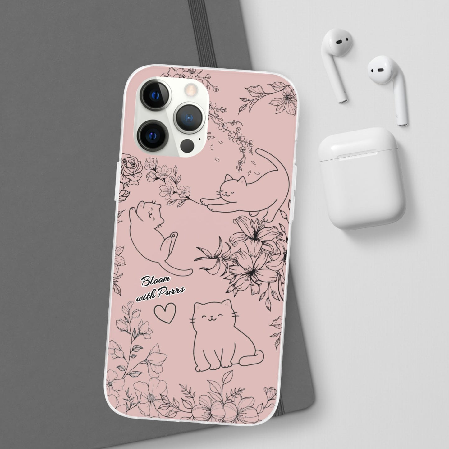 Cute Cat Floral Flexi Cases, Phone Covers for Cat Lovers, Pet Gifts, Trendy Tech Accessories, Pink Cat Design