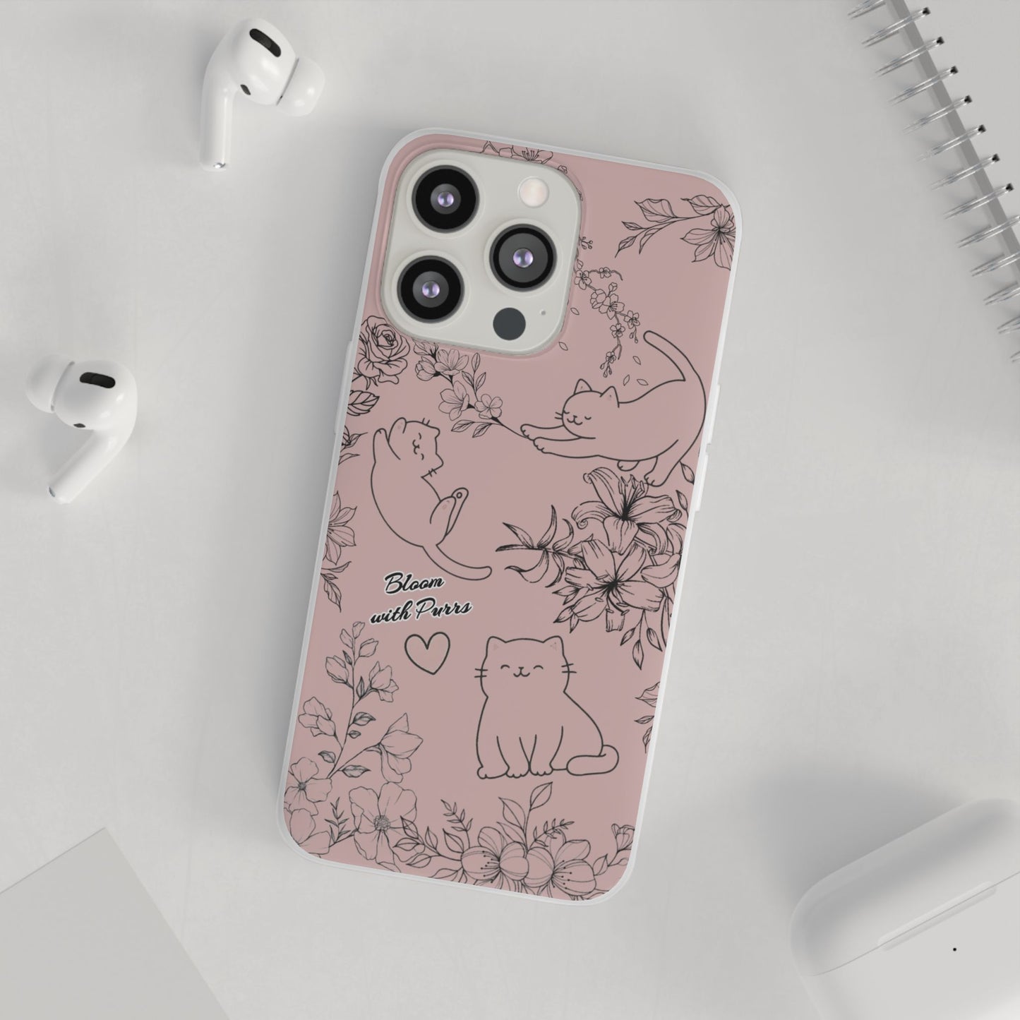 Cute Cat Floral Flexi Cases, Phone Covers for Cat Lovers, Pet Gifts, Trendy Tech Accessories, Pink Cat Design