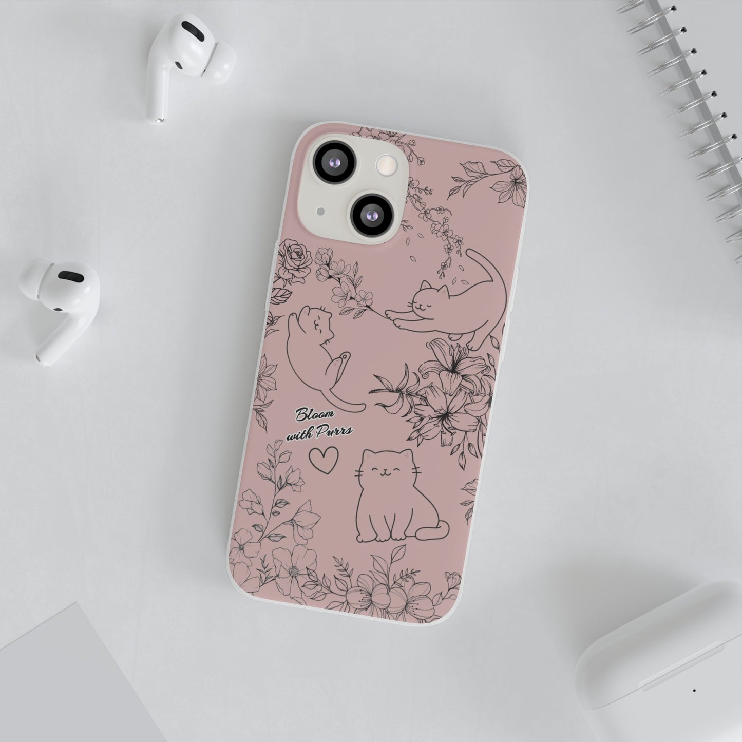Cute Cat Floral Flexi Cases, Phone Covers for Cat Lovers, Pet Gifts, Trendy Tech Accessories, Pink Cat Design