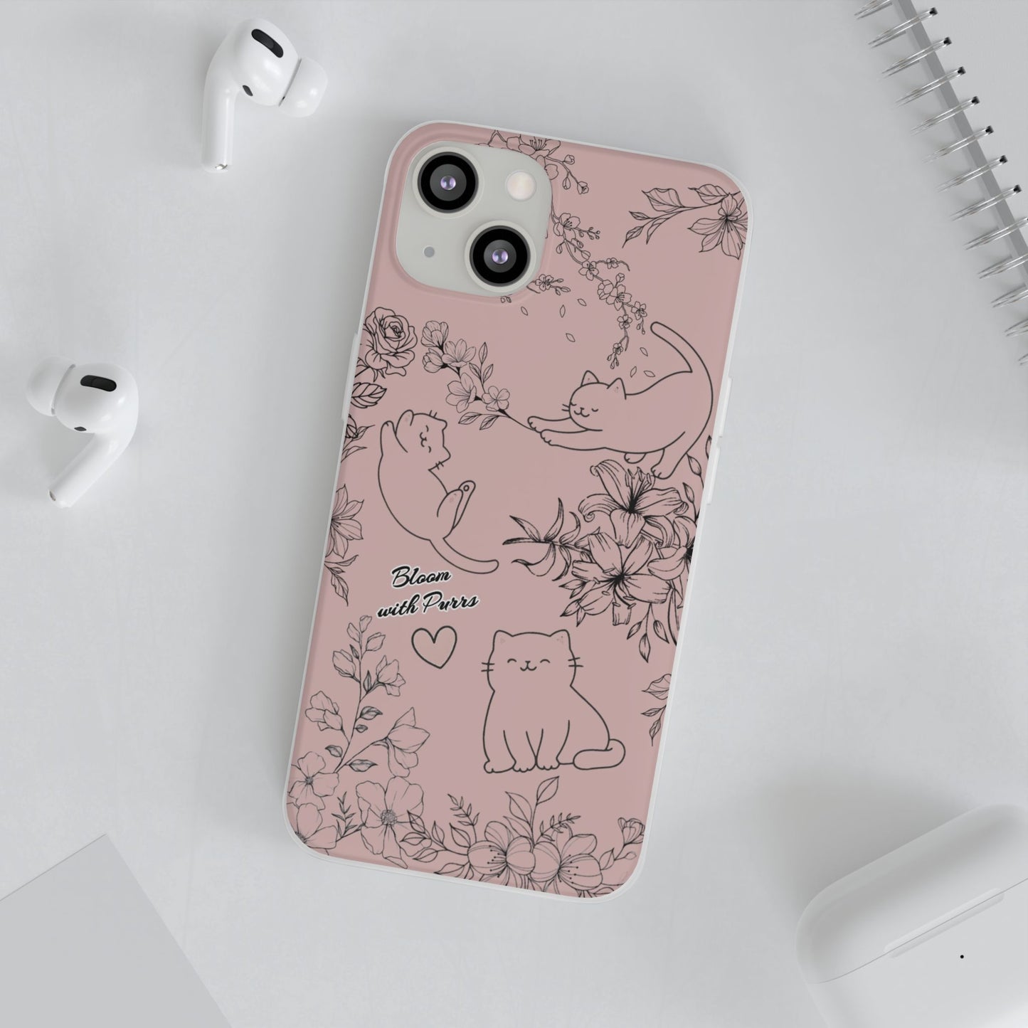 Cute Cat Floral Flexi Cases, Phone Covers for Cat Lovers, Pet Gifts, Trendy Tech Accessories, Pink Cat Design