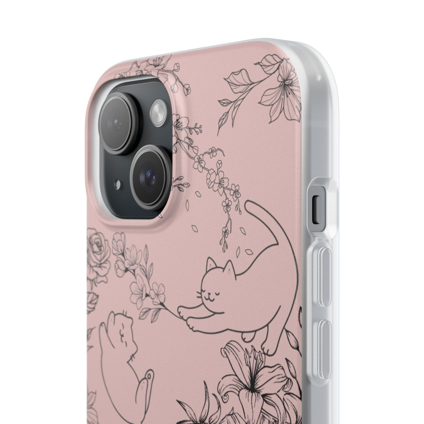 Cute Cat Floral Flexi Cases, Phone Covers for Cat Lovers, Pet Gifts, Trendy Tech Accessories, Pink Cat Design