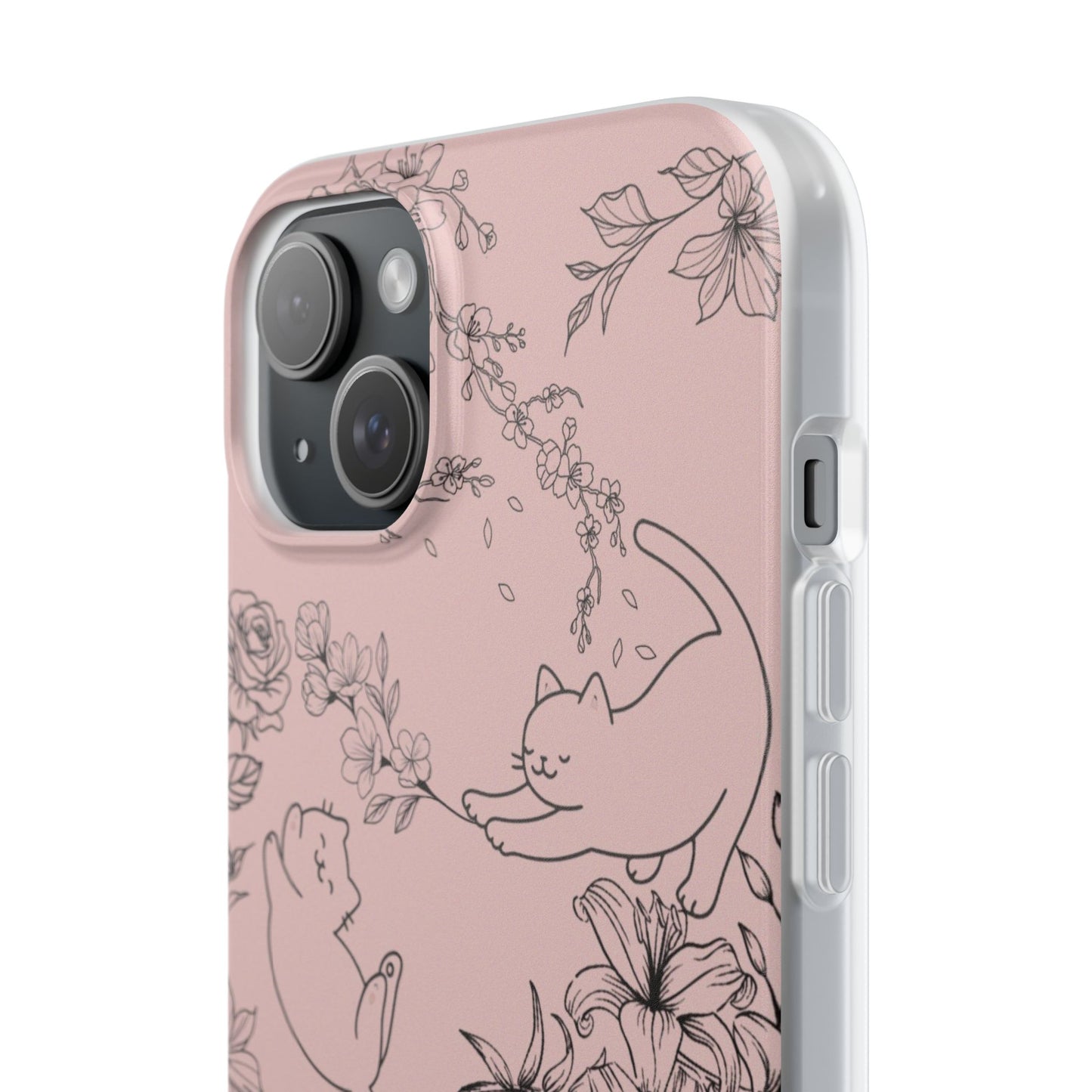Cute Cat Floral Flexi Cases, Phone Covers for Cat Lovers, Pet Gifts, Trendy Tech Accessories, Pink Cat Design